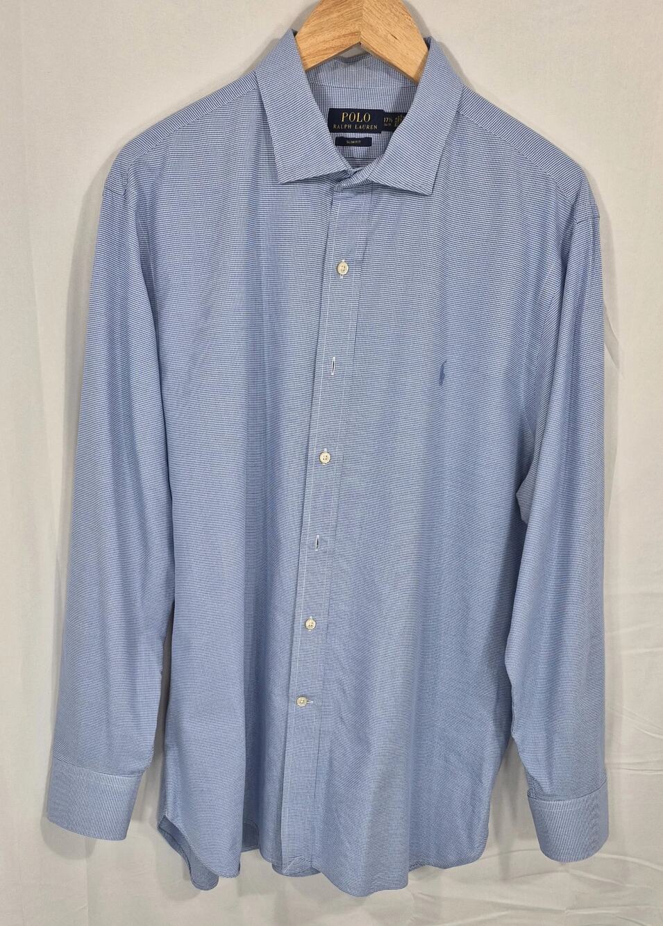 Polo Ralph Lauren Mens 17.5 34/35 Slim Fit Blue Micro Check Pattern Dress Shirt